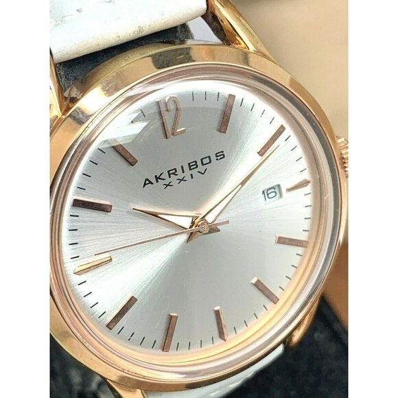 Akribos XXIV Women's Watch AK921 Quartz Rose Gold Silver Dial White Leather Band - Picture 12 of 13